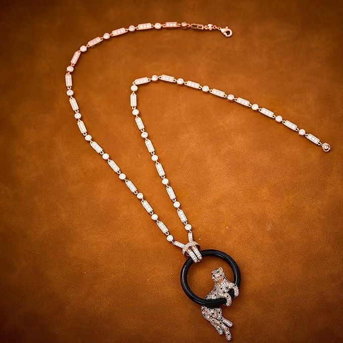 [✨ROSE💎]NEW BLACK CIRCLE PANTHER FULL DIAMOND NECKLACE