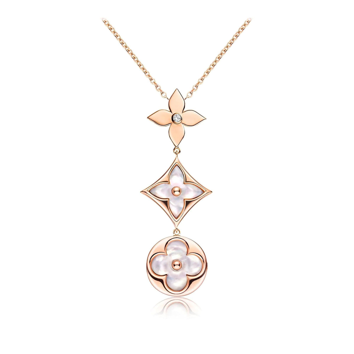 [✨ROSE💎]COLOR BLOSSOM LARIAT NECKLACE PINK GOLD WHITE MOTHER PEARL AND DIAMOND