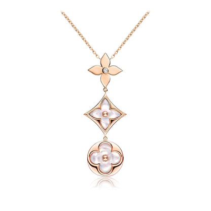 [✨ROSE💎]COLOR BLOSSOM LARIAT NECKLACE PINK GOLD WHITE MOTHER PEARL AND DIAMOND